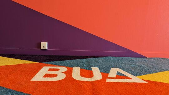 Dørmatte med BUA-logo og masse farger