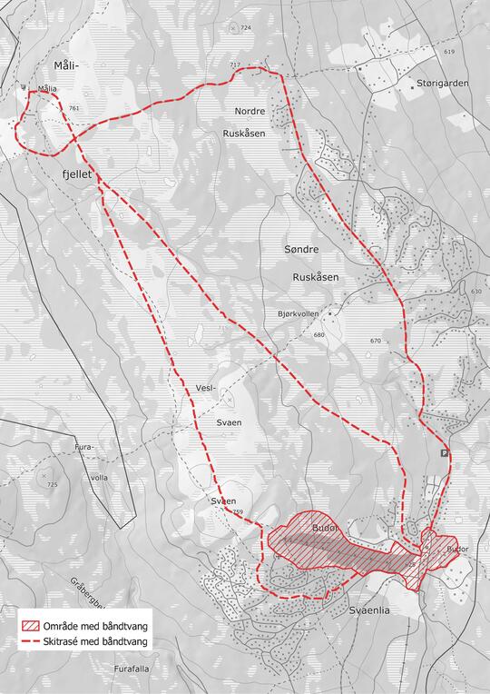 grått kart med rødstiplede linjer for båndtvang